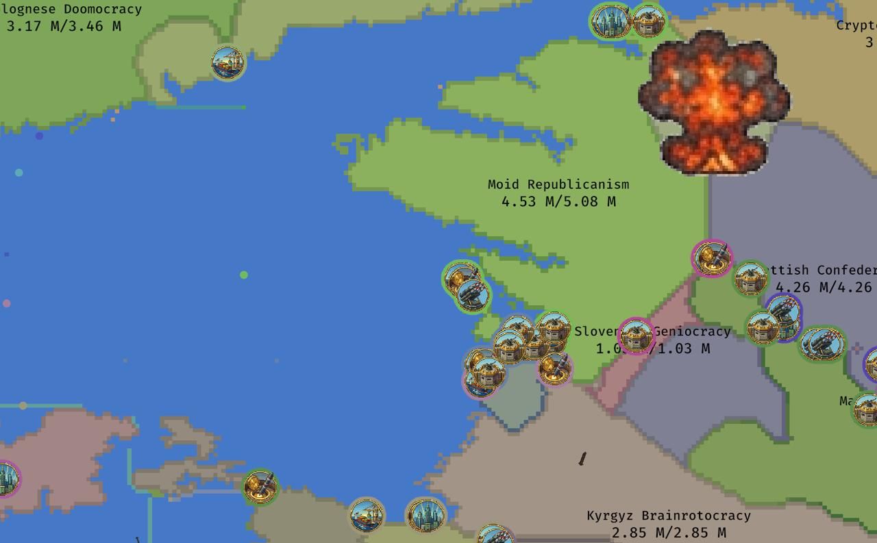 Borderhold gameplay screenshot showing a coastline under pressure with a large detonation near a contested frontier.