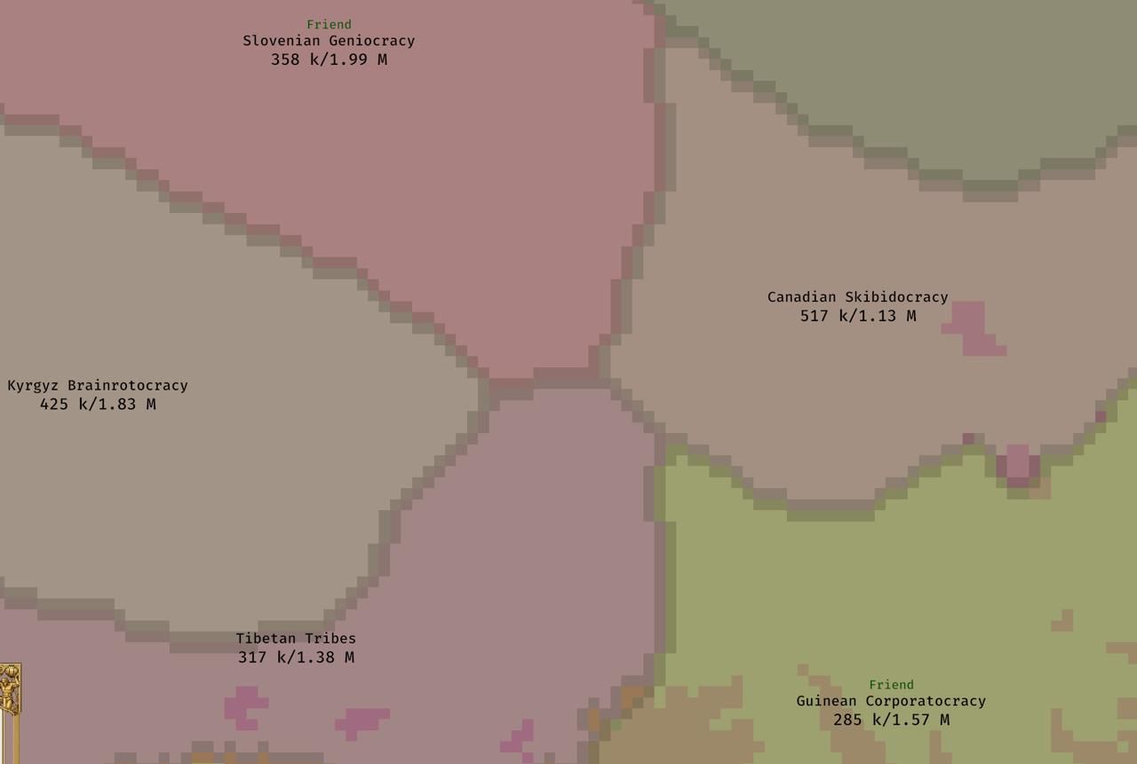 Borderhold gameplay screenshot showing interior borders and neighboring powers pressing against each other.